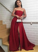 A Line Red Strapless Satin Prom Dresses with Slit