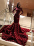 Mermaid Scoop Long Sleeves Burgundy 3D Floral Open Back Prom Dresses LBQ3776