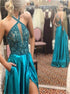 A Line Spaghetti Straps Sequins Satin Prom Dress with Slit LBQ4018