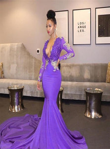 Mermaid V Neck Long Sleeves Appliques Satin Prom Dresses