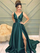 A Line Green V Neck Satin Prom Dress with Slit