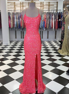 Spaghetti Straps Coral Pink Sequin Mermaid Prom Dresses