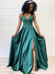 A Line V Neck Appliques Green Satin Lace Up Prom Dresses