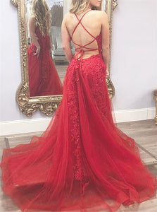 Sweep Train Red Lace Up Evening Dresses