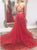 Sweep Train Red Lace Up Evening Dresses