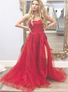 A Line Spaghetti Straps Tulle Appliques Prom Dress with Slit 