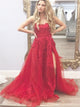 A Line Spaghetti Straps Tulle Appliques Prom Dress with Slit 