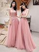 A Line High Neck Appliques Tulle Prom Dresses