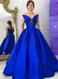 Ball Gown V Neck Pleats Satin Prom Dresses with Pockets