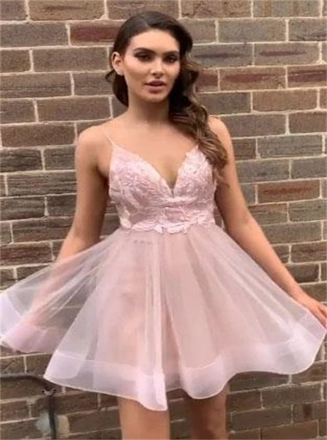A Line V Neck Pink Tulle Homecoming Dress | Alinepromdress A Line V Neck Pink Tulle Homecoming Dress | Alinepromdress