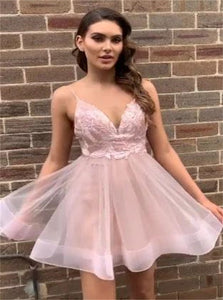 A Line V Neck Pink Tulle Homecoming Dress