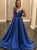A Line Blue V Neck Satin Prom Dress with Pleats