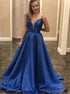 A Line Blue V Neck Satin Prom Dress with Pleats LBQ4227