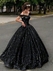 Off the Shoulder Ball Gown Black Sequins Prom Dresses