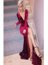 Burgundy V Neck Long Sleeves Velvet Prom Dress with Slit LBQC3780