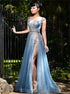 A Line Blue Straps Tulle Rhinestones Prom Dress with Slit LBQ3322
