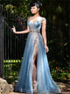 A Line Blue Straps Tulle Rhinestones Prom Dress with Slit