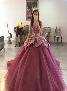 Ball Gown Sweetheart Appliques Tulle Pink Prom Dresses