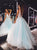 A Line Blue V Neck Tulle Appliques Open Back Prom Dresses