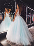 A Line Blue V Neck Tulle Appliques Open Back Prom Dress LBQ3486