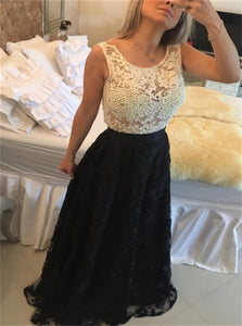 A Line Jewel Lace Sleeveless Pearls Black Prom Dresses