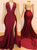 Mermaid Backless Burgundy V Neck Halter Prom Dresses with Slit 