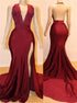Mermaid Backless Burgundy V Neck Halter Prom Dresses with Slit LBQ3637
