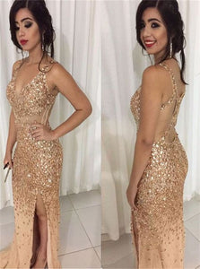 Gold Mermaid V Neck Criss Cross Sequins Prom Dresses 