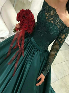 A Line Off the Shoulder  Long Sleeves Satin Appliques Prom Dresses