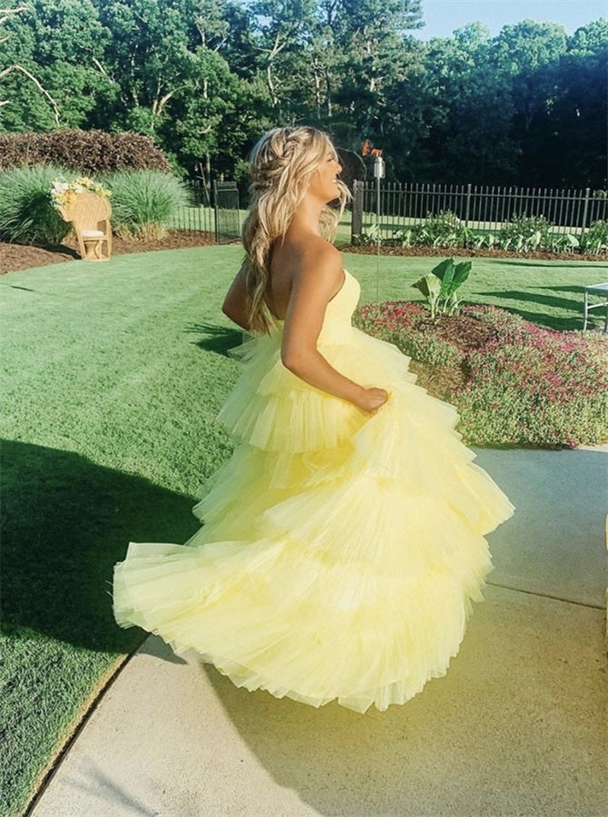 A Line Strapless Yellow Tulle Ruffles Backless Prom Dresses | Alinepromdress A Line Strapless Yellow Tulle Ruffles Backless Prom Dresses | Alinepromdress