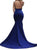 Sweep Train Blue Backless Evening Dresses