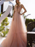 A Line Blush Pink Soft Tulle V Neck Open Back Prom Dresses LBQ3781