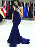 V Neck Spaghetti Straps Mermaid Satin Backless Pleats Prom Dresses LBQ4313