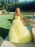 A Line Strapless Yellow Tulle Ruffles Backless Prom Dress LBQ4208