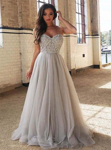 Pale Gray Sparkly Beading Tulle A Line Sweetheart Prom Dresses