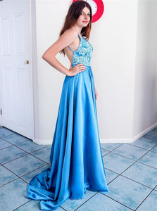 A Line V Neck Appliques Satin Backless Prom Dresses