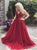 A Line Burgundy V Neck Tulle Appliques Prom Dresses