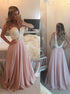 A Line Sweetheart Pearls Chiffon Pink Prom Dresses LBQ3440