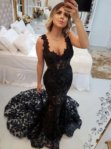 Black Lace Mermaid V Neck Open Back Prom Dresses
