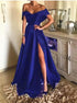 A Line Off The Shoulder Black Satin Prom Dresses with Split LBQ3619