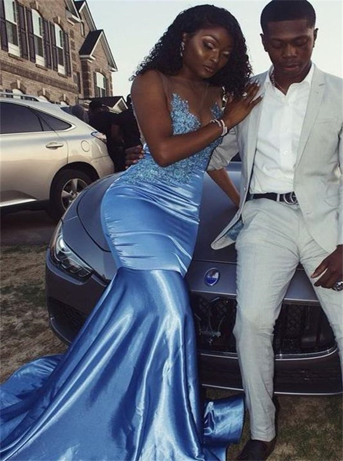 Mermaid Satin Sweetheart Prom Dresses With Appliques Lace | Alinepromdress Mermaid Satin Sweetheart Prom Dresses With Appliques Lace | Alinepromdress