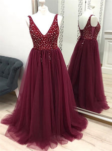 A Line V Neck Burgundy Beaded Tulle Prom Dresses