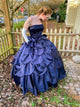 Chic Ball Gown Dark Blue Strapless Satin Ruffles Prom Dresses