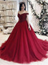Ball Gown Burgundy Off the Shoulder Tulle Appliques Prom Dress LBQ4091