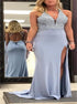 Mermaid V Neck Open Back Satin Slit Prom Dress with Beading LBQ3874