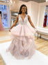 A Line V Neck Tulle Appliques Prom Dress LBQ4248