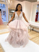 A Line V Neck Tulle Appliques Prom Dresses