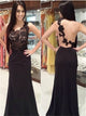 Sheath Sweep Train Black Satin Prom Dress With Appliques