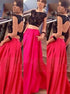 A Line Bateau Open Back Satin Lace Two Piece Prom Dresses LBQ3459