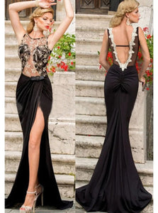 Mermaid Scoop Satin Lace Open Back Prom Dresses 